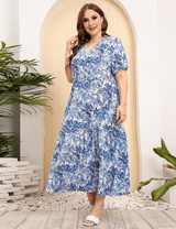Women Plus Size V - Neck Floral Loose Dress - PRUSES