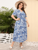 Women Plus Size V - Neck Floral Loose Dress - PRUSES