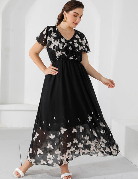 Women Plus Size V - Neck Floral Pattern Dress | PRUSES - PRUSES