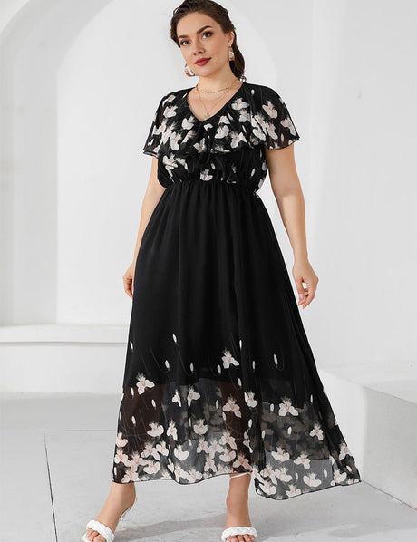 Women Plus Size V - Neck Floral Pattern Dress | PRUSES - PRUSES