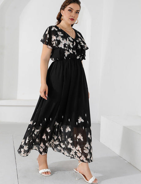 Women Plus Size V - Neck Floral Pattern Dress | PRUSES - PRUSES