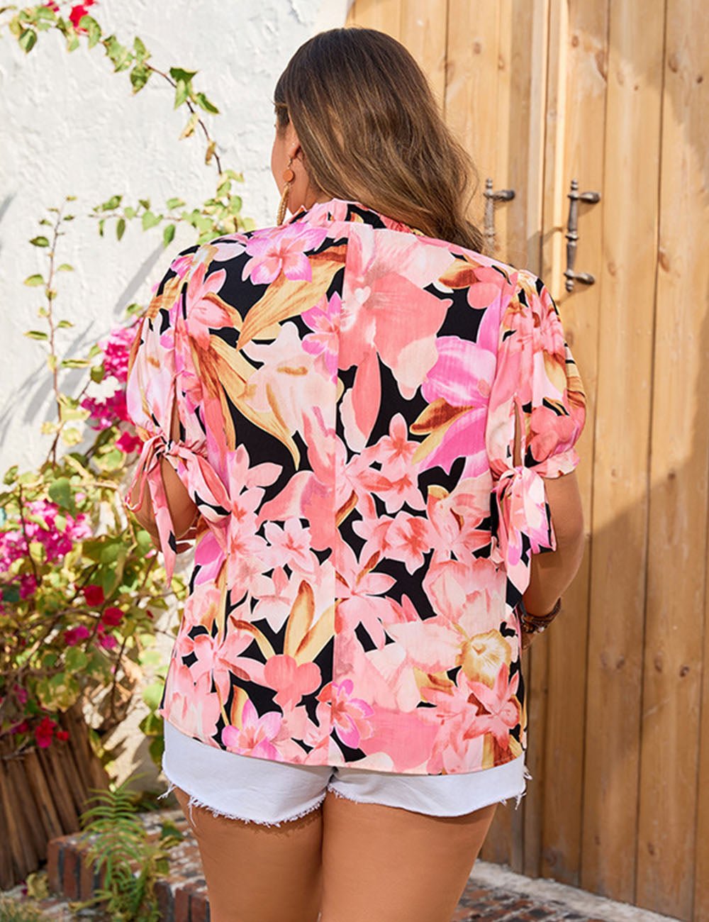 Women Plus Size V Neck Floral Print Short Sleeve Tops - PRUSES