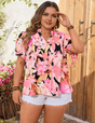 Women Plus Size V Neck Floral Print Short Sleeve Tops - PRUSES