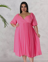 Women Plus Size V Neck Hem Pleated Short Sleeves Dress - PRUSES