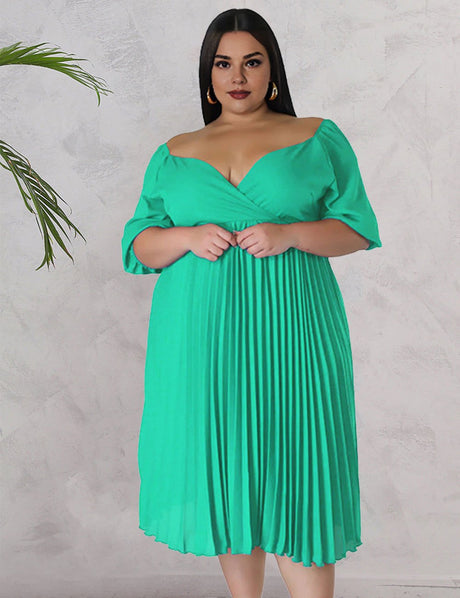 Women Plus Size V Neck Hem Pleated Short Sleeves Dress - PRUSES