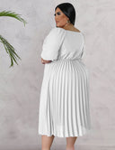 Women Plus Size V Neck Hem Pleated Short Sleeves Dress - PRUSES