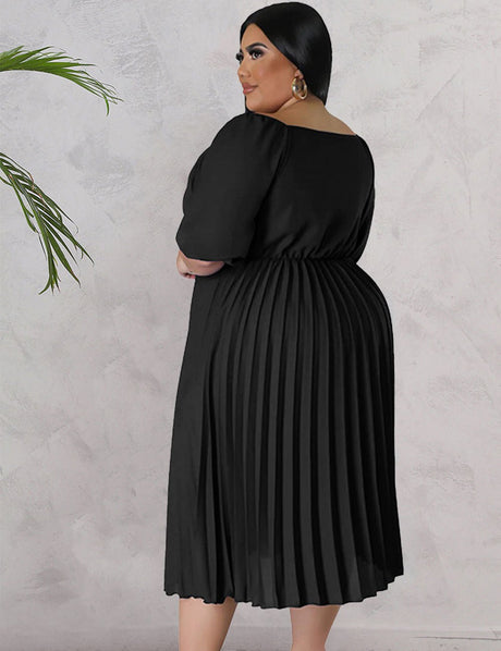 Women Plus Size V Neck Hem Pleated Short Sleeves Dress - PRUSES