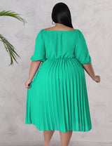 Women Plus Size V Neck Hem Pleated Short Sleeves Dress - PRUSES