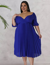 Women Plus Size V Neck Hem Pleated Short Sleeves Dress - PRUSES