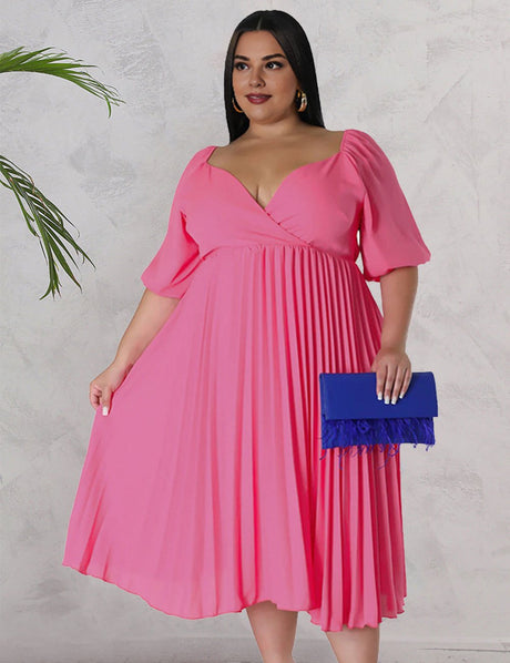 Women Plus Size V Neck Hem Pleated Short Sleeves Dress - PRUSES
