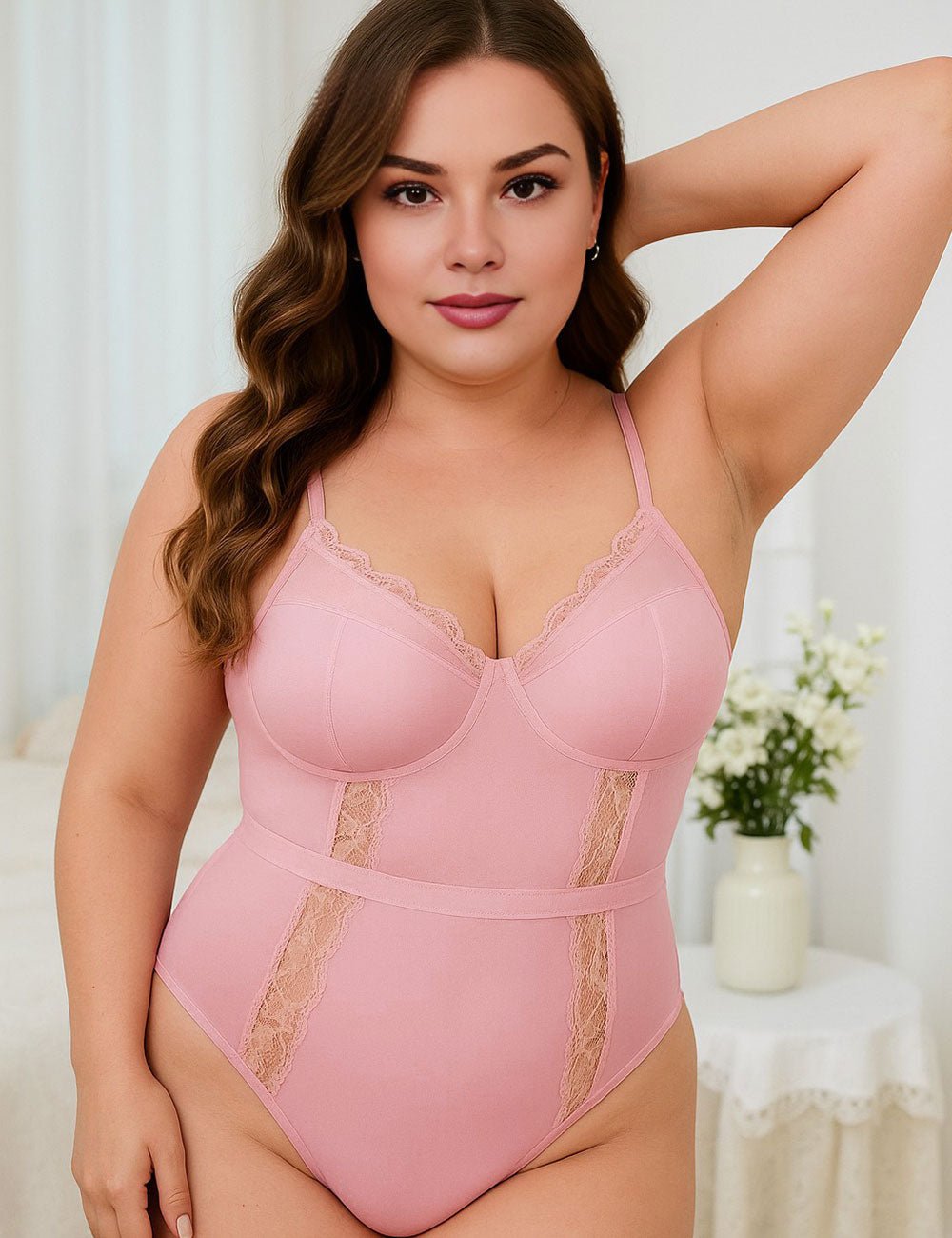 Women Plus Size V - Neck Lace Bodysuit - PRUSES