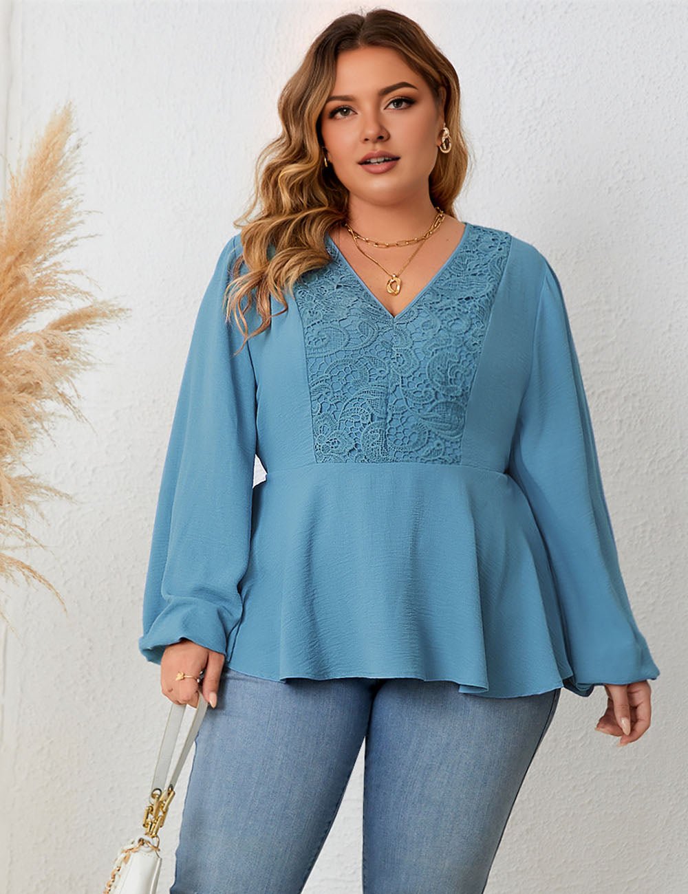 Women Plus Size V - Neck Lace Long - Sleeved Shirt Blue | PRUSES - PRUSES
