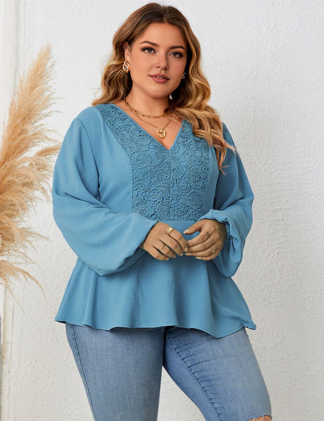 Women Plus Size V - Neck Lace Long - Sleeved Shirt Blue | PRUSES - PRUSES