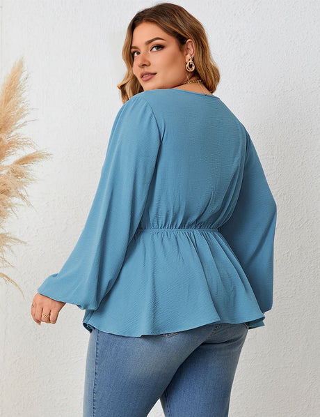 Women Plus Size V - Neck Lace Long - Sleeved Shirt Blue | PRUSES - PRUSES