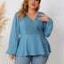 Women Plus Size V - Neck Lace Long - Sleeved Shirt Blue | PRUSES - PRUSES