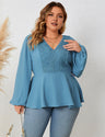 Women Plus Size V - Neck Lace Long - Sleeved Shirt Blue | PRUSES - PRUSES