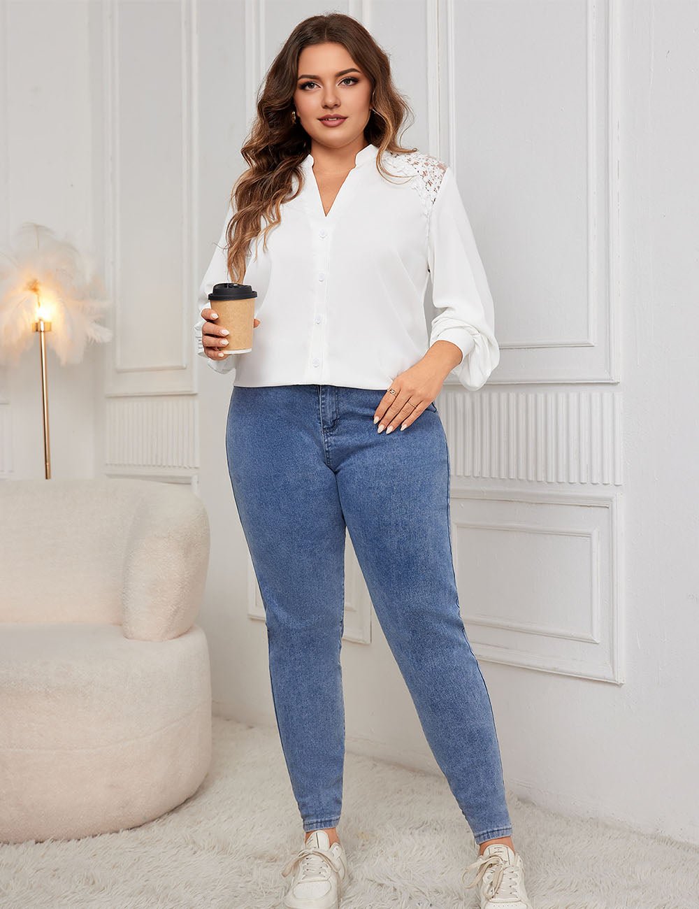 Women Plus Size V neck Lace Stitching Printing Shirt | PRUSES - PRUSES