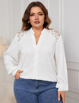 Women Plus Size V neck Lace Stitching Printing Shirt | PRUSES - PRUSES