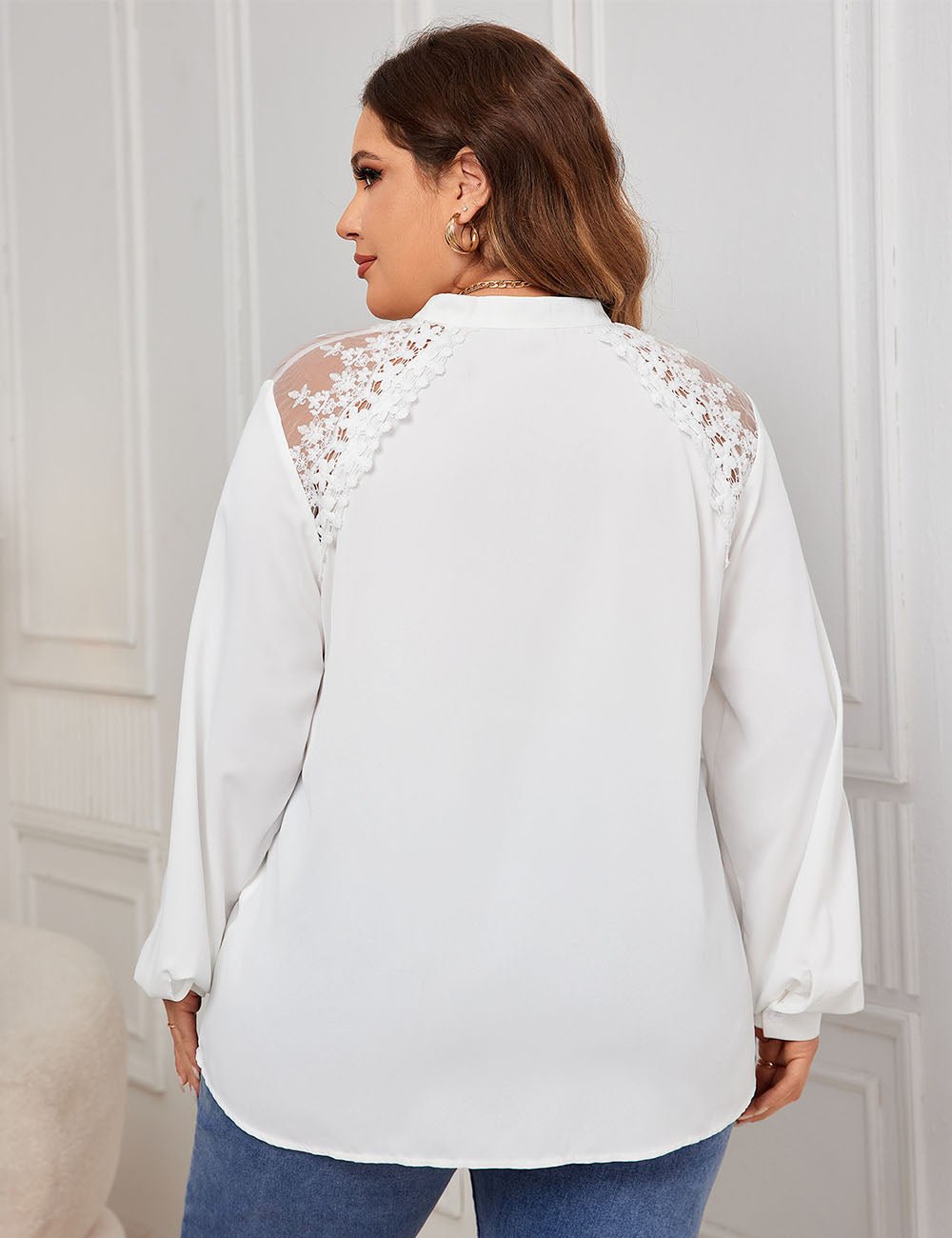 Women Plus Size V neck Lace Stitching Printing Shirt | PRUSES - PRUSES