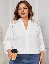 Women Plus Size V neck Lace Stitching Printing Shirt | PRUSES - PRUSES