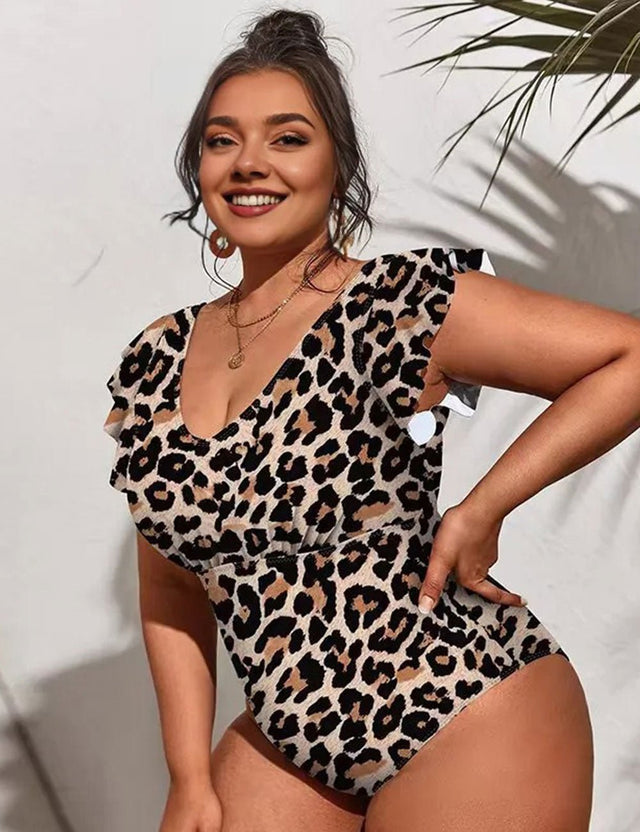 Women Plus Size V - Neck Leopard Print Ruffle Sleeves One - Piece Swimsuit - PRUSES