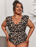 Women Plus Size V - Neck Leopard Print Ruffle Sleeves One - Piece Swimsuit - PRUSES