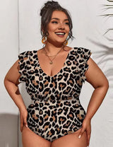 Women Plus Size V - Neck Leopard Print Ruffle Sleeves One - Piece Swimsuit - PRUSES