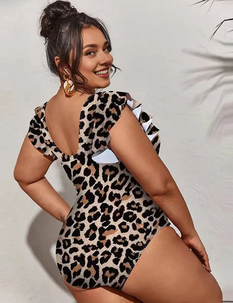 Women Plus Size V - Neck Leopard Print Ruffle Sleeves One - Piece Swimsuit - PRUSES