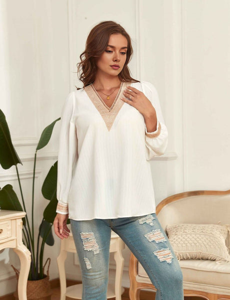 Women Plus Size V - Neck Loose Long - Sleeved Shirt | PRUSES - PRUSES