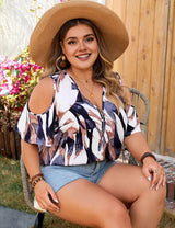 Women Plus Size V - Neck Off - Shoulder Printed Shirt | PRUSES - PRUSES