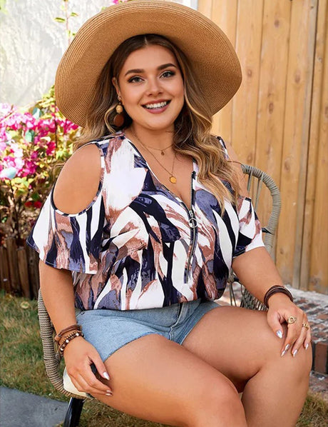 Women Plus Size V - Neck Off - Shoulder Printed Shirt | PRUSES - PRUSES
