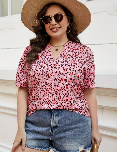 Women Plus Size V - Neck Pink Leopard Print Blouse | PRUSES - PRUSES