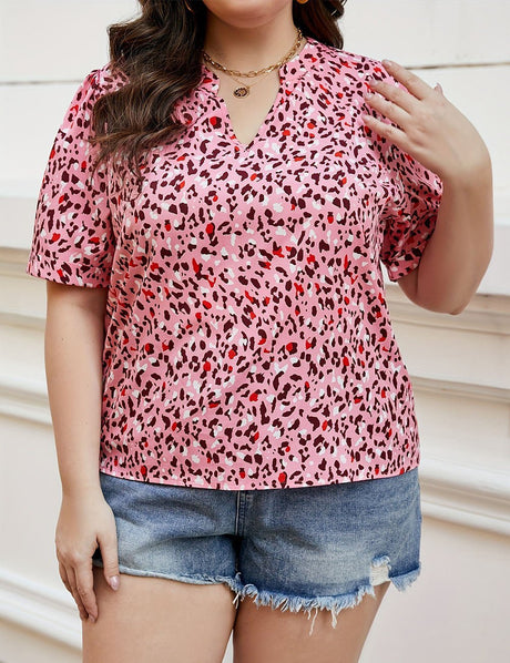 Women Plus Size V - Neck Pink Leopard Print Blouse | PRUSES - PRUSES