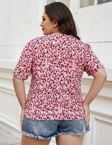 Women Plus Size V - Neck Pink Leopard Print Blouse | PRUSES - PRUSES