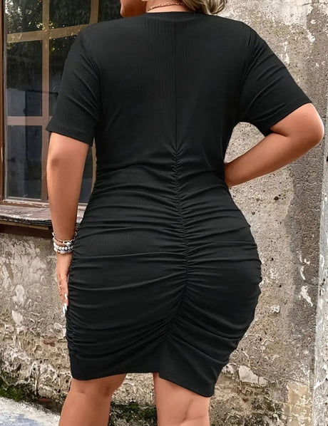 Women Plus Size V - Neck Pleated Bodycon Dress - PRUSES