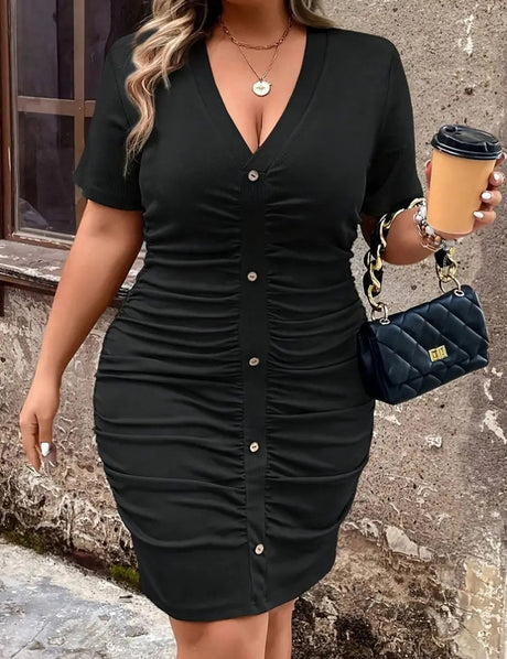 Women Plus Size V - Neck Pleated Bodycon Dress - PRUSES