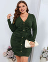 Women Plus Size V - Neck Pleated Bodycon Dress - PRUSES