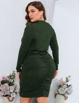 Women Plus Size V - Neck Pleated Bodycon Dress - PRUSES