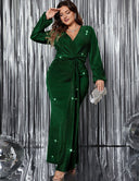 Women Plus Size V - Neck Pleated Evening Dress - PRUSES