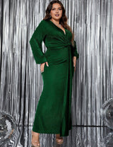 Women Plus Size V - Neck Pleated Evening Dress - PRUSES