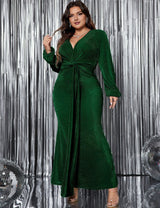 Women Plus Size V - Neck Pleated Evening Dress - PRUSES