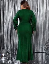 Women Plus Size V - Neck Pleated Evening Dress - PRUSES