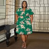 Women Plus Size V Neck Printed Ruffle Sleeve Pocket Dress - PRUSES