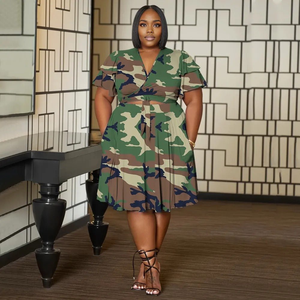 Women Plus Size V Neck Printed Ruffle Sleeve Pocket Dress - PRUSES