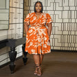Women Plus Size V Neck Printed Ruffle Sleeve Pocket Dress - PRUSES