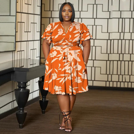 Women Plus Size V Neck Printed Ruffle Sleeve Pocket Dress - PRUSES