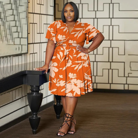 Women Plus Size V Neck Printed Ruffle Sleeve Pocket Dress - PRUSES