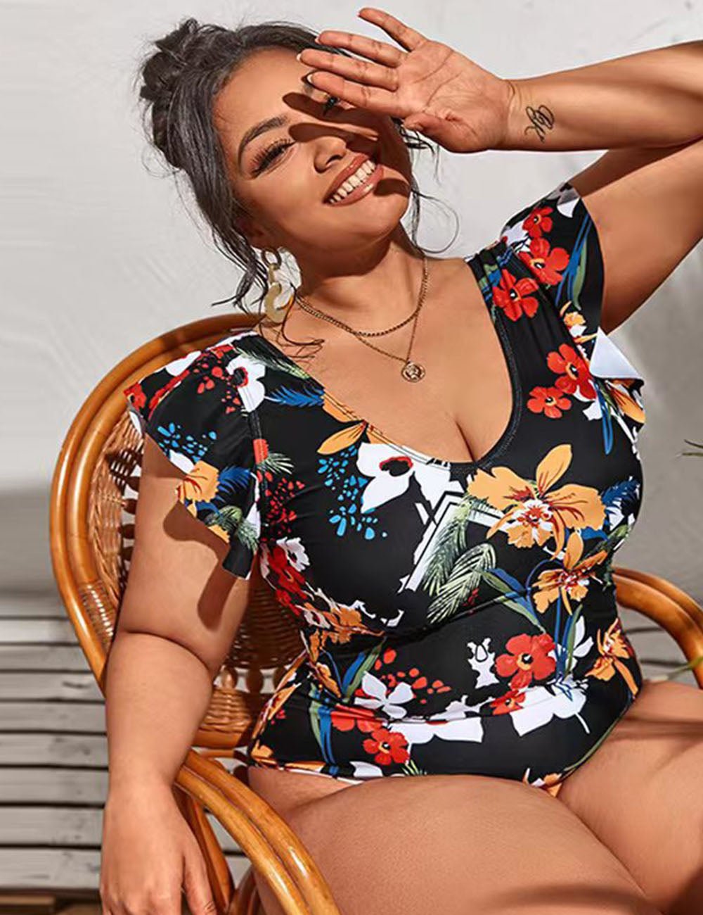 Women Plus Size V - Neck Printed Ruffle Sleeves One - Piece Swimsuit - PRUSES