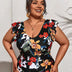 Women Plus Size V - Neck Printed Ruffle Sleeves One - Piece Swimsuit - PRUSES