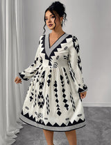 Women Plus Size V - Neck Puff Sleeve Printed Midi Dress - PRUSES
